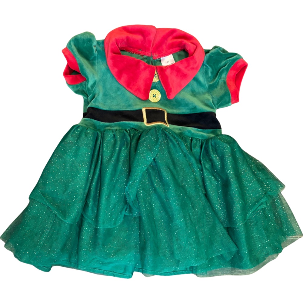Festive Green and Red Elf Festive Dress for Kids - 2T Girls
